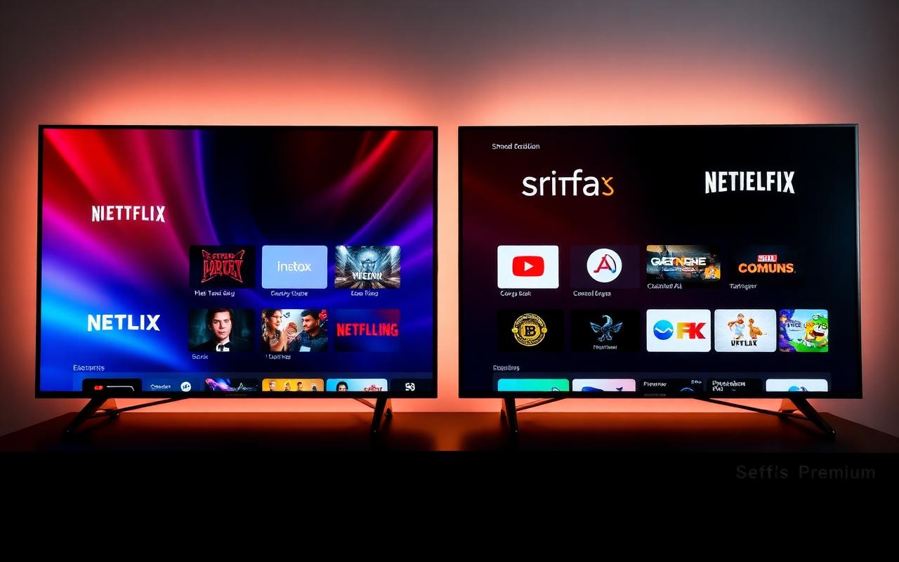 Duas Smart TVs lado a lado mostrando interfaces diferentes de streaming