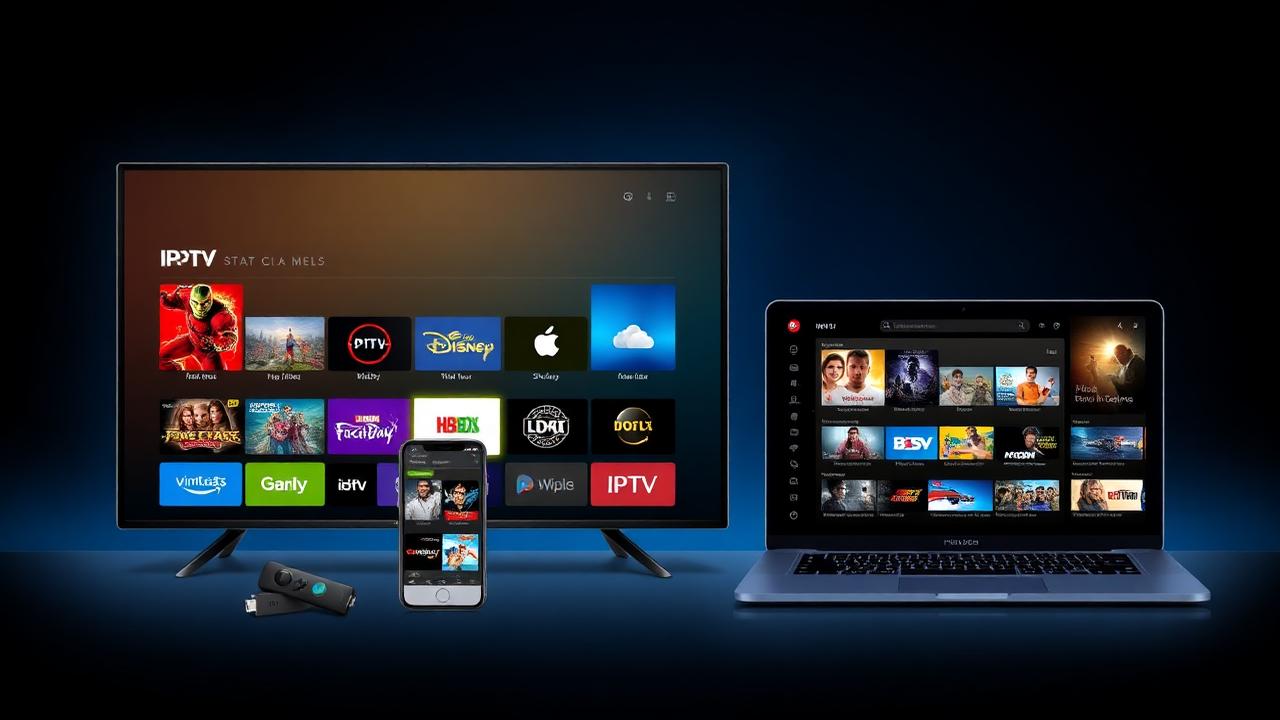 Smart TV, Fire Stick, celular e notebook exibindo grades de canais IPTV M3U