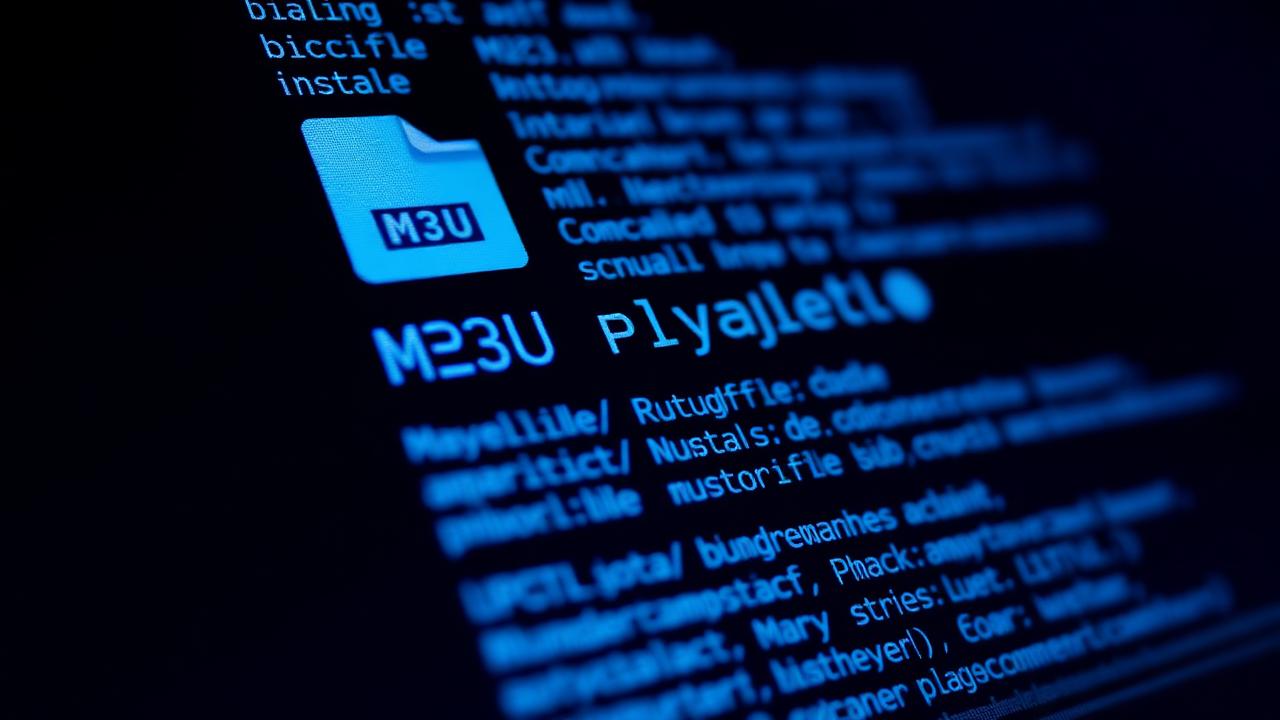 Tela de computador exibindo o conteúdo de um arquivo de lista M3U em tons azuis