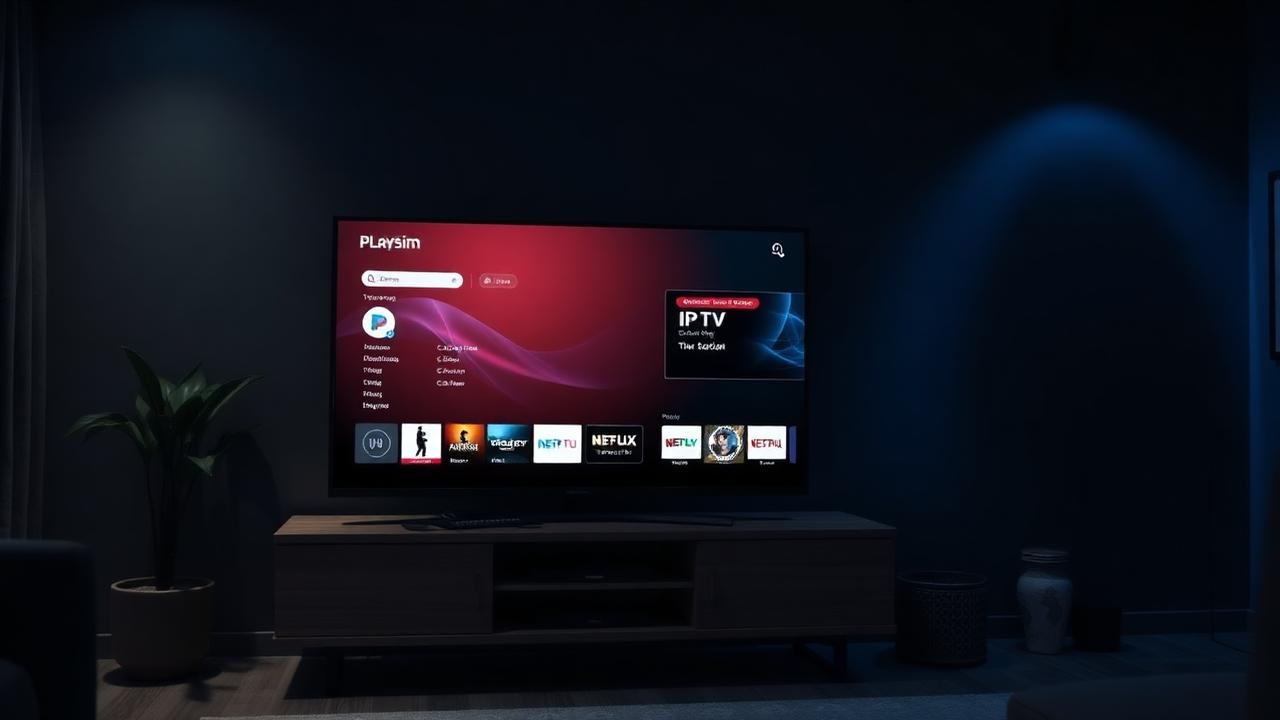 Smart TV exibindo a interface do aplicativo Playsim em uma sala escura com iluminação azul