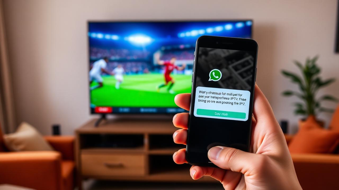 Pessoa pedindo teste de IPTV pelo WhatsApp enquanto assiste futebol na TV