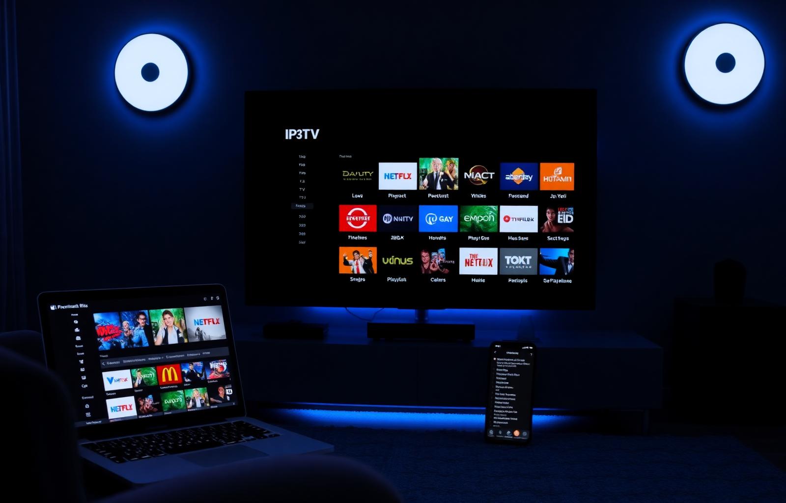 Smart TV exibindo grade IPTV ao lado de notebook com código M3U e celular